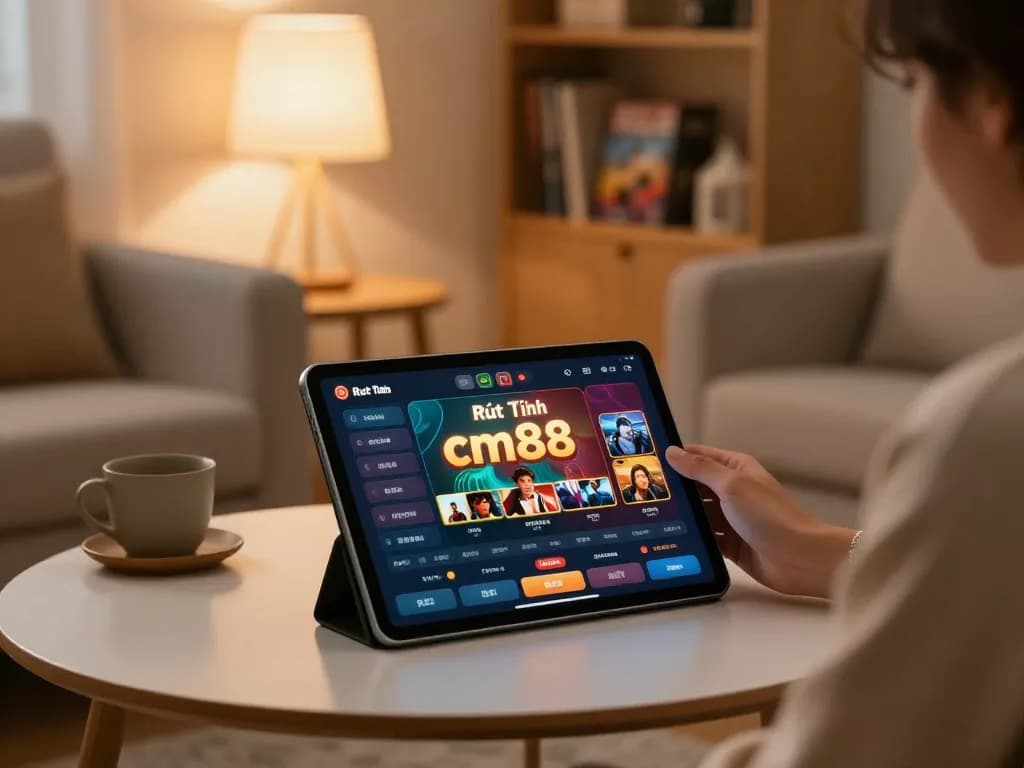Engaging gaming moment with Rút Tiền cm88 displayed on tablet in cozy home setting