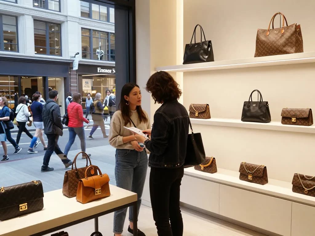 Stylish shopper examining luxury 레플리카 handbags in a chic store.