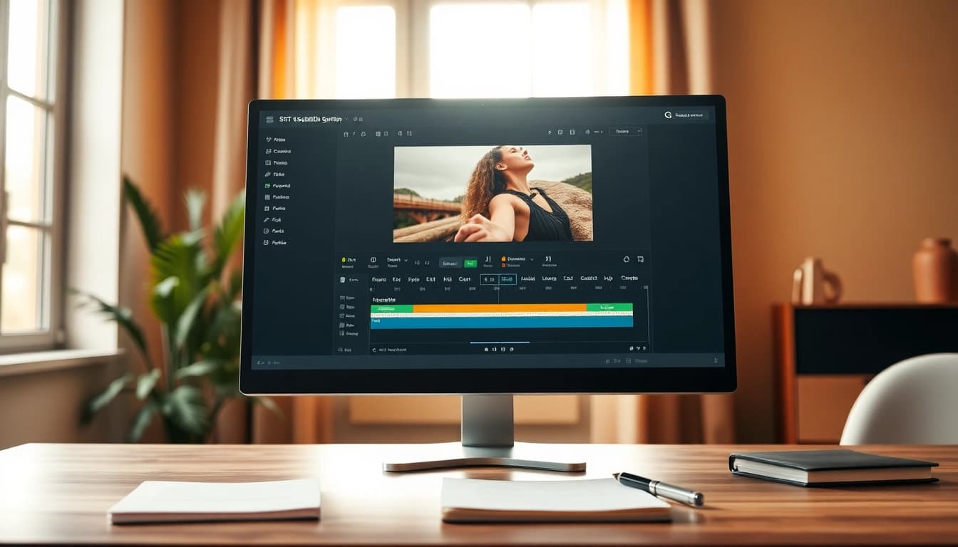 Create subtitles easily with this SRT Generator displayed on a modern computer screen in a cozy workspace.