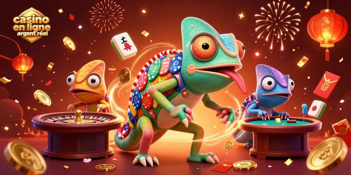 Jouez à des jeux de casino en ligne argent réel avec un caméléon aux couleurs vibrantes.