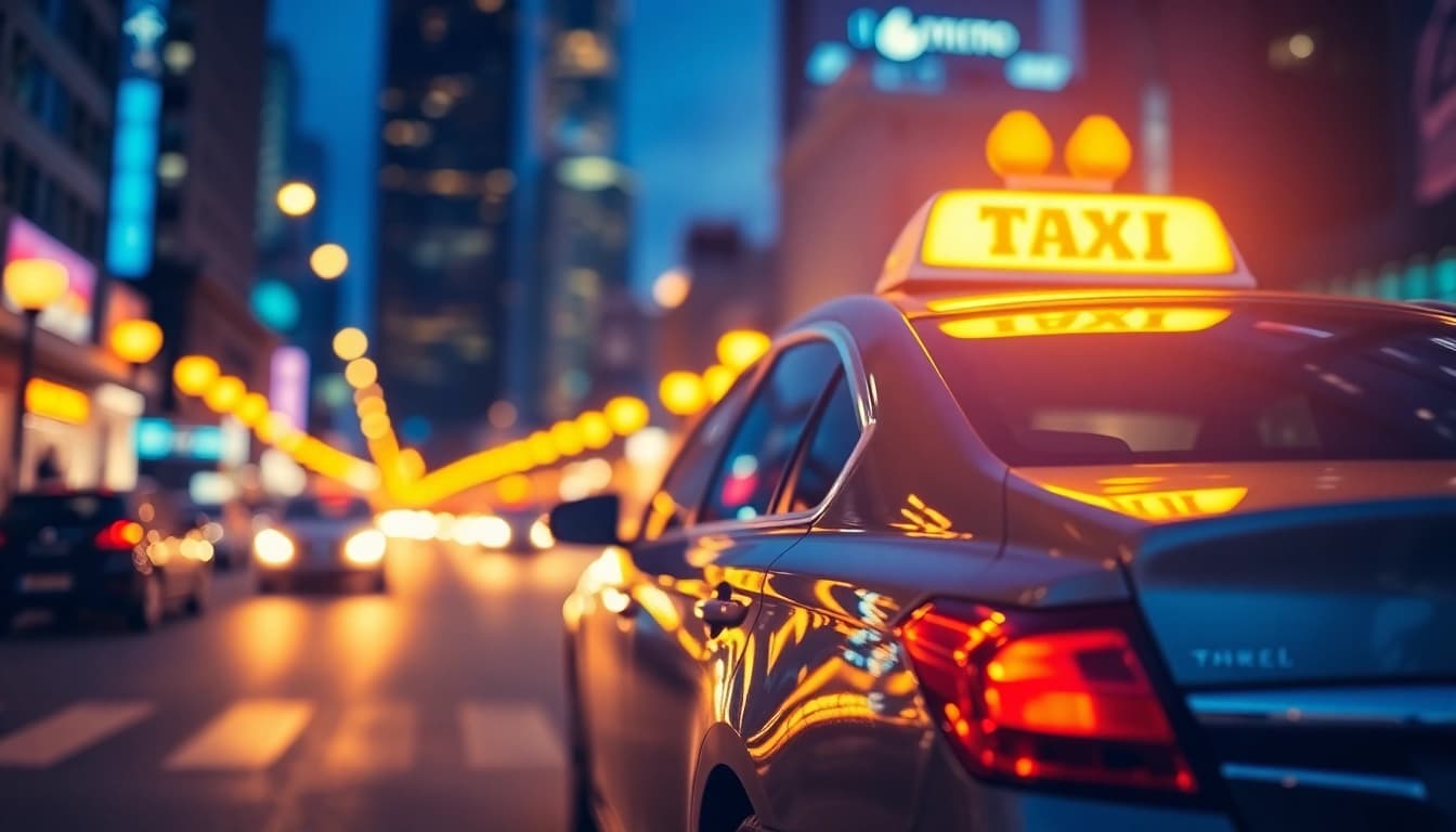 Experience reliable LONG DISTANCE TAXI TRANSFERS in a modern urban setting with vibrant lights.