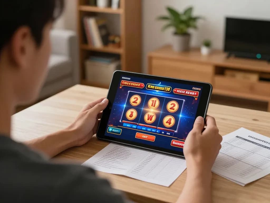 Engaging in online gaming with king garuda138 on a tablet while managing bankroll notes at home.