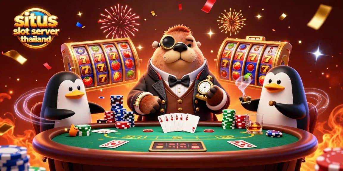 Situs slot server thailand features a jolly walrus playing poker under the sea with vibrant slot elements.