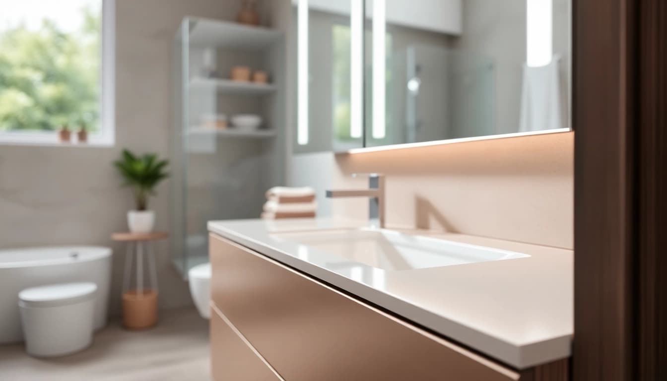 Sonni Spiegelschrank im modernen Badezimmer mit LED-Beleuchtung und stilvollem Design präsentieren.