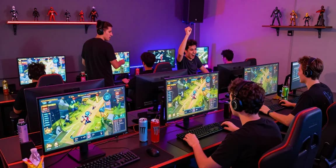 Aviator Pro gamers engaged in an exciting crash game session with vibrant setups and LED lighting.