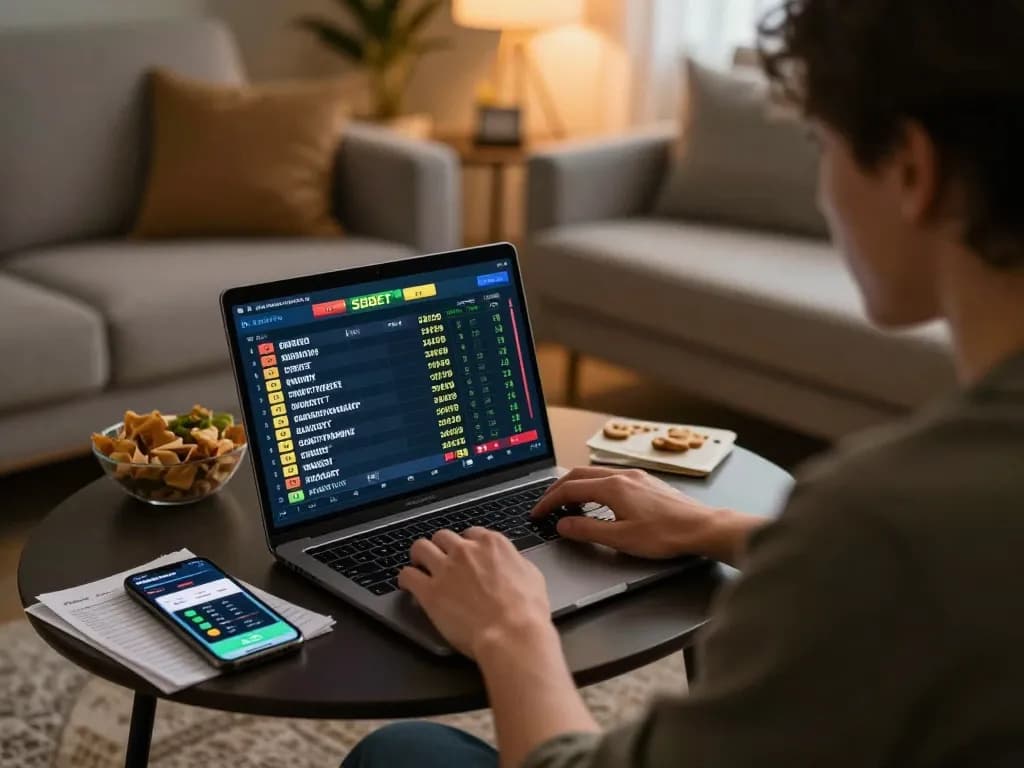 SBOBET user analyzing sports betting odds on laptop in a cozy living room