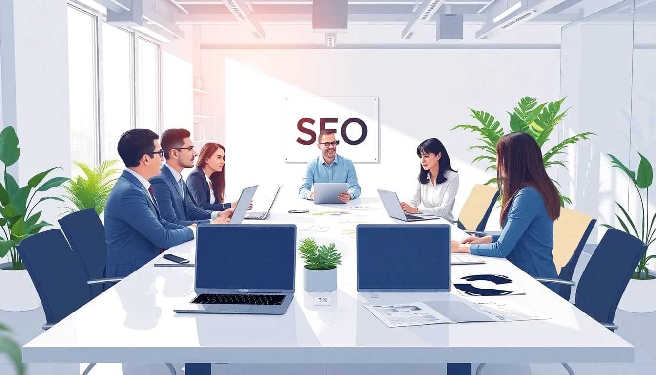 Engaging SEO strategy meeting showcasing diverse professionals in action.