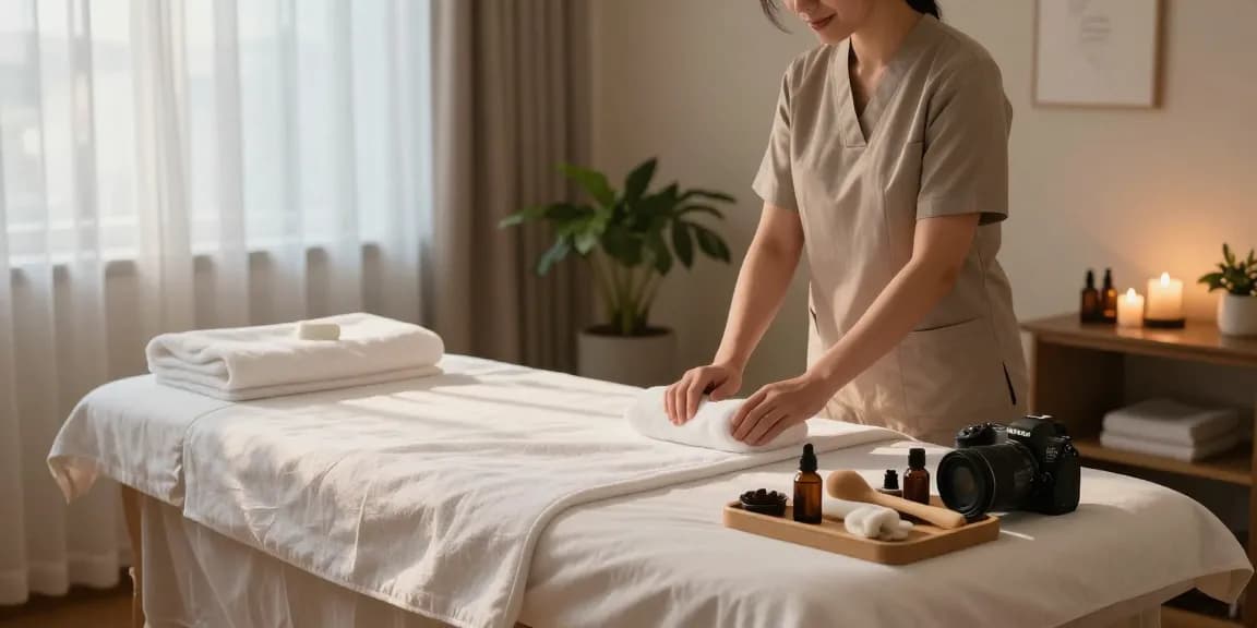 마사지 치료실에서 편안한 분위기로 치료 준비 중인 모습
