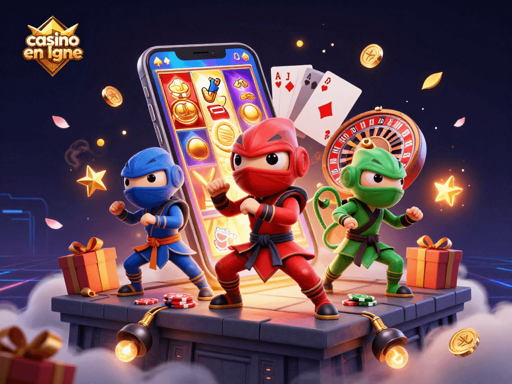Gagnez gros avec le casino en ligne grâce à cette illustration dynamique de chameaux ninjas et jeux de casino.