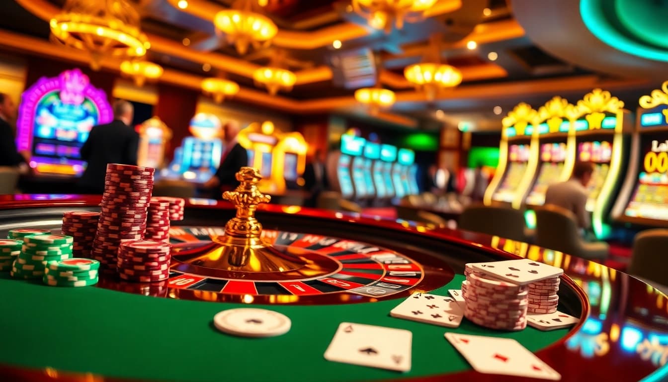 Experience the excitement at sunwin's luxury casino, featuring elegant roulette tables and poker chips.