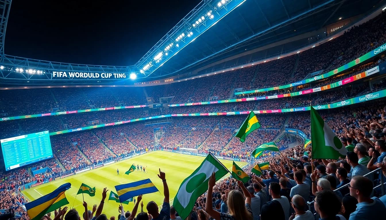 Engaged fans enjoying FIFA World Cup betting in a lively stadium atmosphere