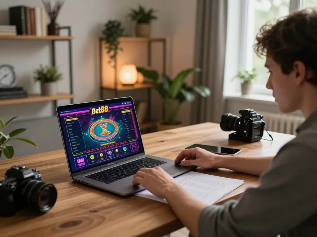 Engaging in online casino gaming at home with link vào Bet88 an toàn on laptop screen showing vibrant gameplay