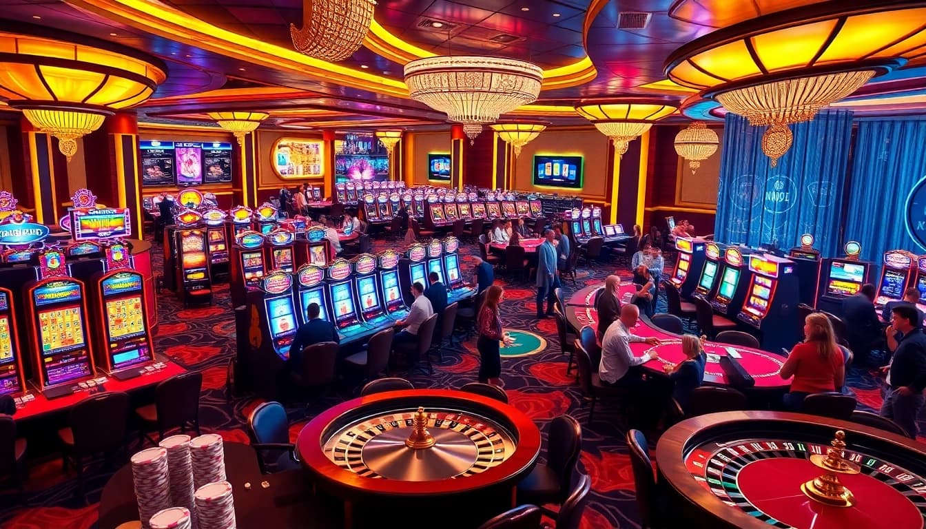 Experience the vibrant gambling world of KJC AC 1 with players enjoying casino tables and slot machines.