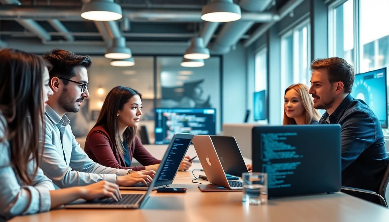 Web development company team collaborating over laptops in a modern office.