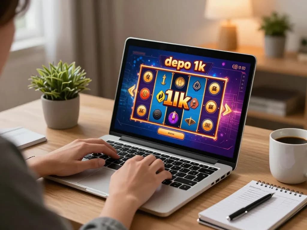 Engaging online gaming with slot depo 1k interface visible on laptop screen in cozy home setting