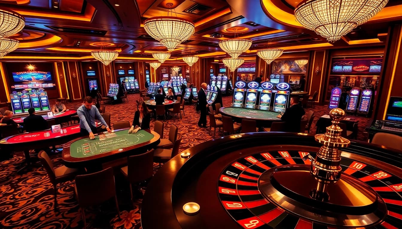 Engage in high-stakes gambling at rr88 com's luxurious casino tables with players and roulette wheels.