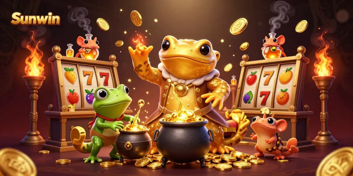 Engage with Sunwin by immersing in a magical realm of gold and winnings in this vibrant casino illustration.