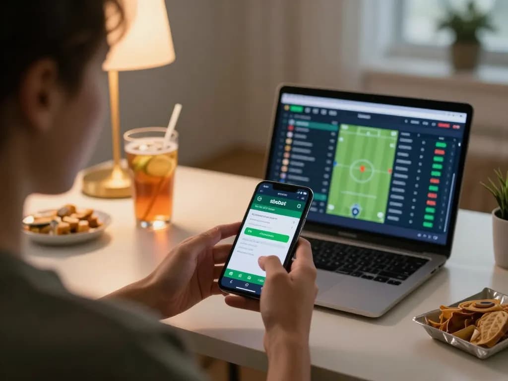 Engaging in online sports betting with the sbobet app on a smartphone in a stylish home setting