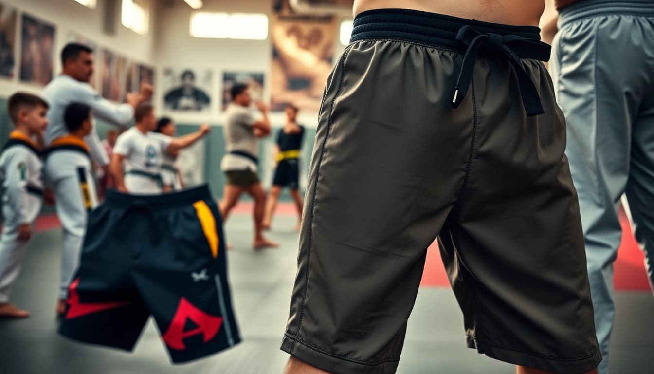 Showcase of BJJ shorts with various designs, reflecting similar variations in a dynamic dojo setting.