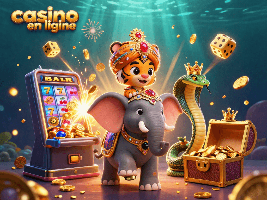 Profitez des jeux passionnants au casino en ligne avec une illustration animée de personnages colorés et jackpots éclatants.