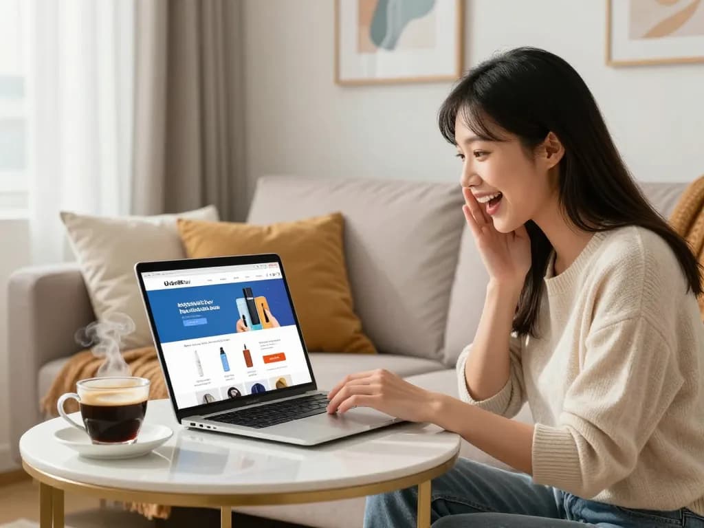 Online shopping experience on https://hubet88.icu/, woman browsing products on laptop in cozy home setting.