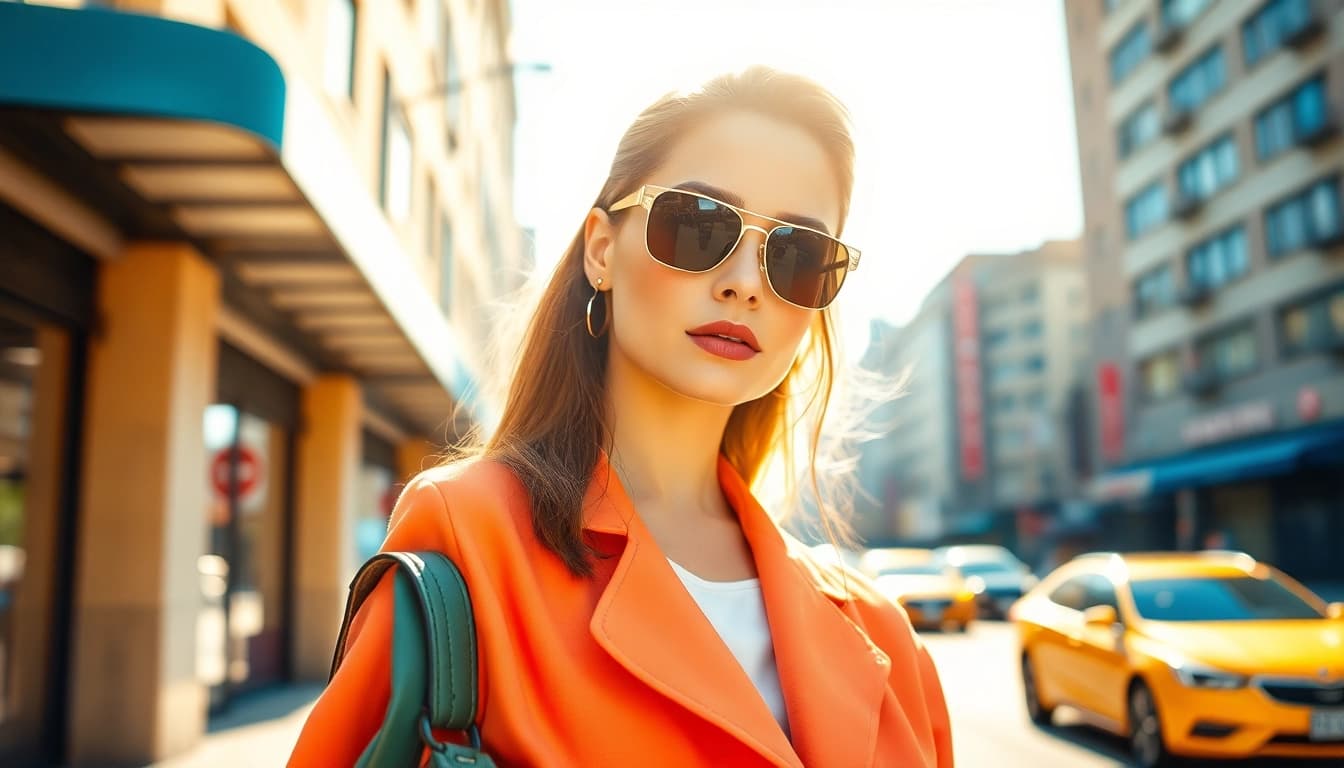 Captivating model showcasing fashion trends in Beauty and Style amidst a vibrant urban backdrop.