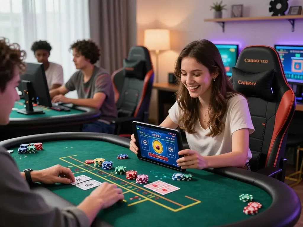 Exciting online baccarat gameplay at a stylish home gaming setup, featuring diverse players and vibrant virtual casino elements, perfect for exploring 바카라사이트 options.