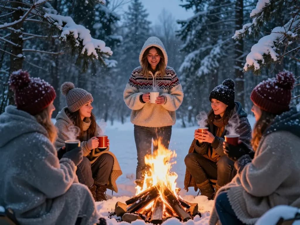 Friends in Women Fleece Hoodies enjoying a winter campfire gathering.