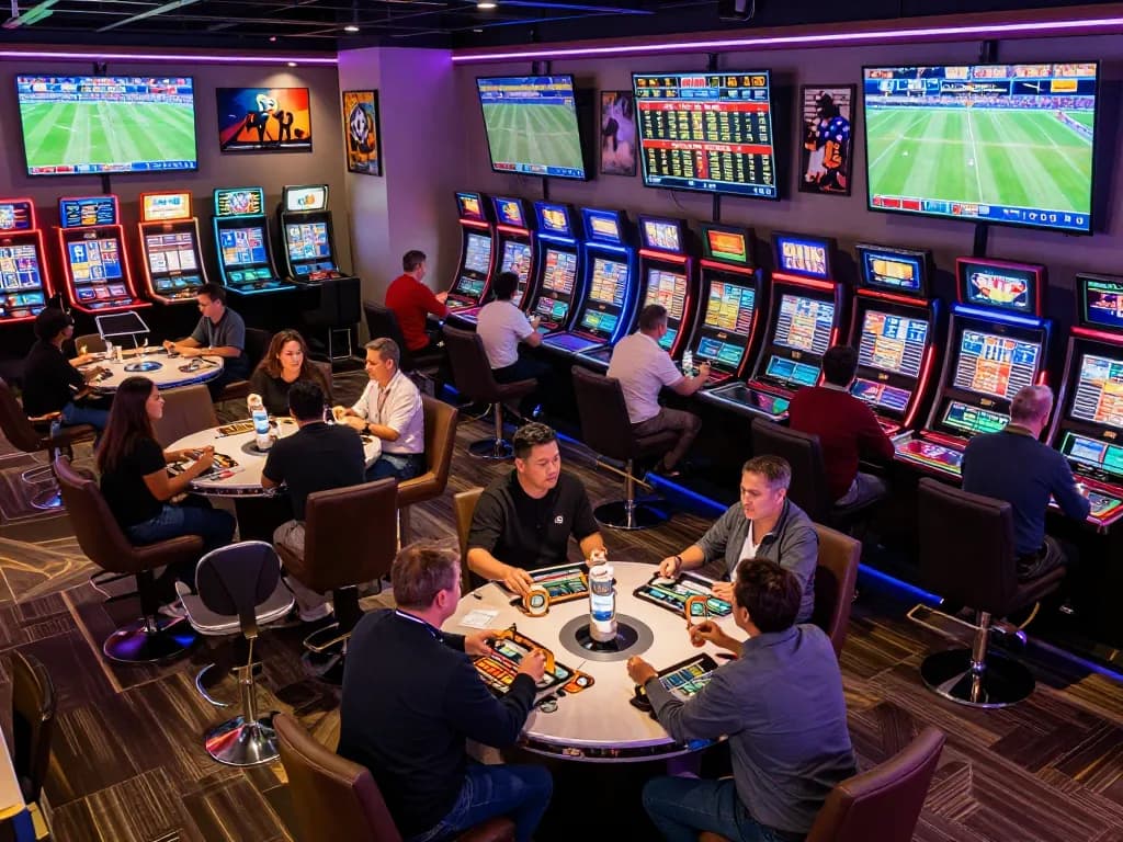 Exciting atmosphere in a bustling sports betting lounge featuring server thailand multi-screen displays showing live odds and games.