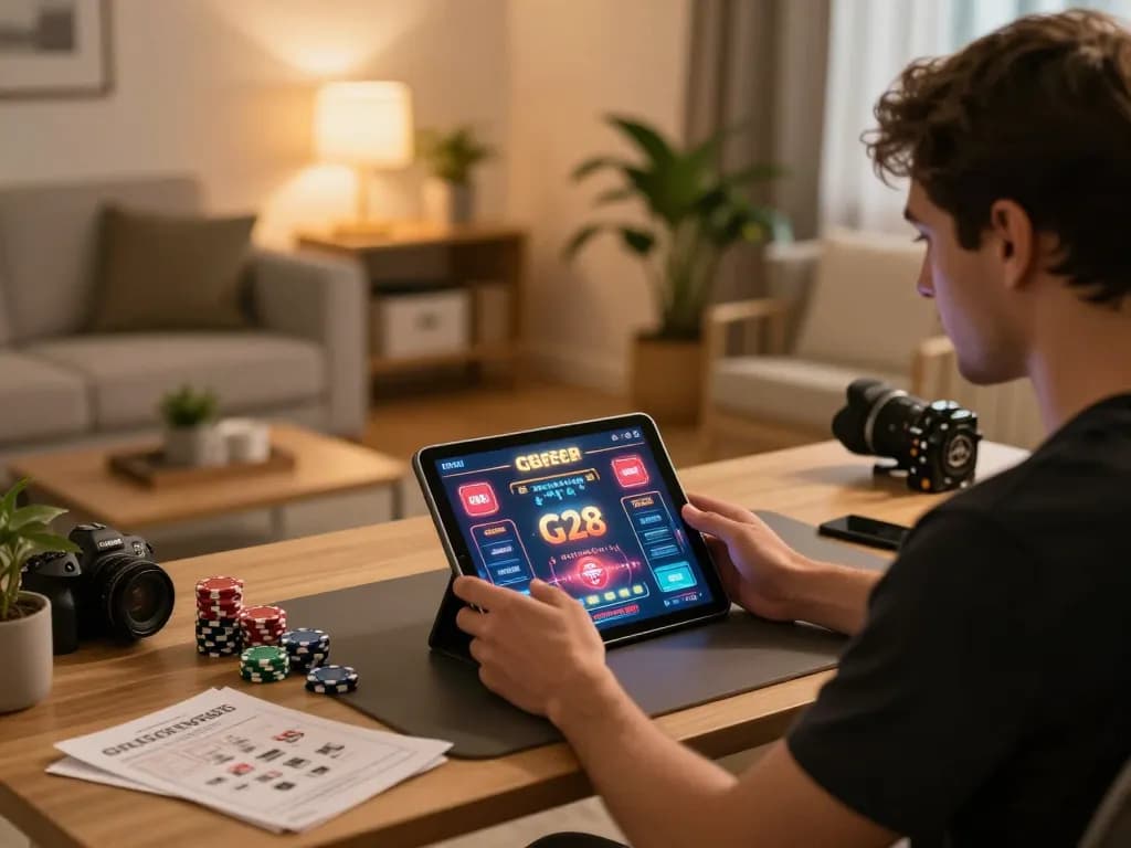 g28 player engaging in online casino gaming with tablet, colorful interface and strategic notes visible