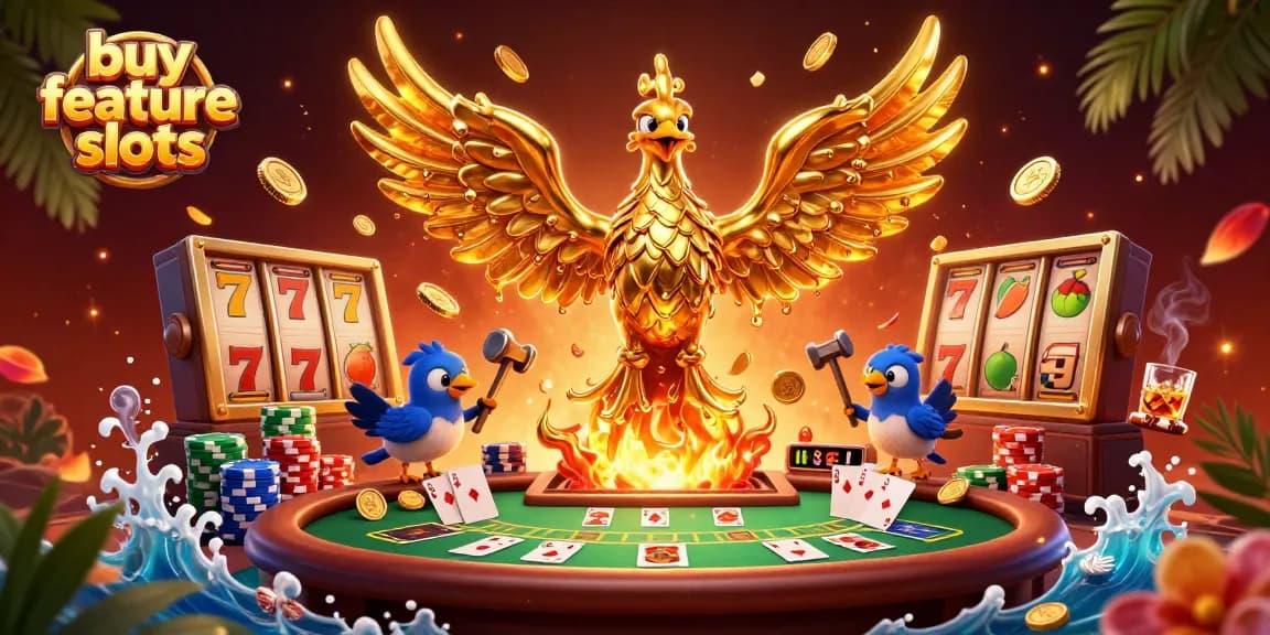Experience the thrill of buy feature slots with golden phoenix amidst casino elements.