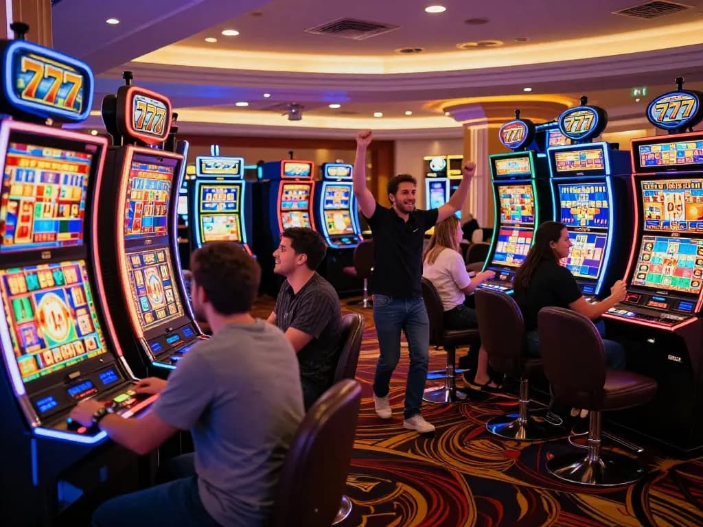 Players celebrate exciting wins at slot777 machines on a vibrant casino floor.