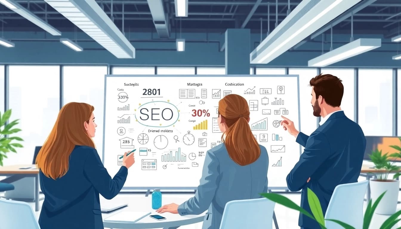 Team strategizing marketing insights for an seo company in a modern office setting.