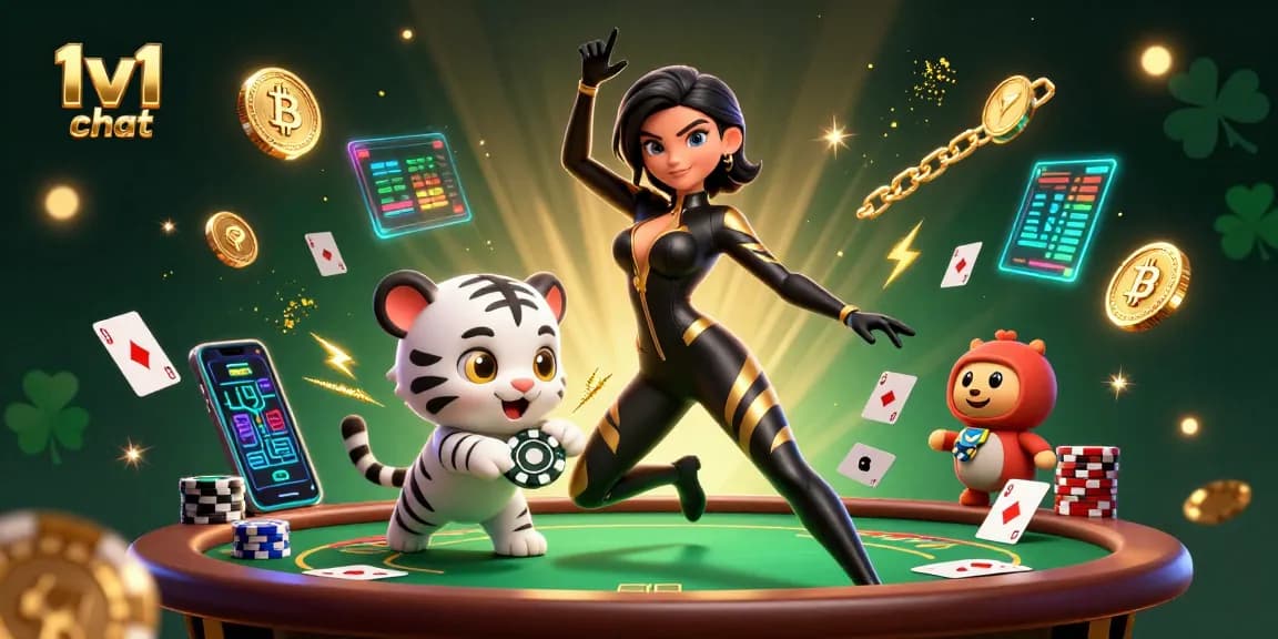 Engage in 1v1 chat with dynamic poker action in a vibrant casino scene filled with gold and neon.