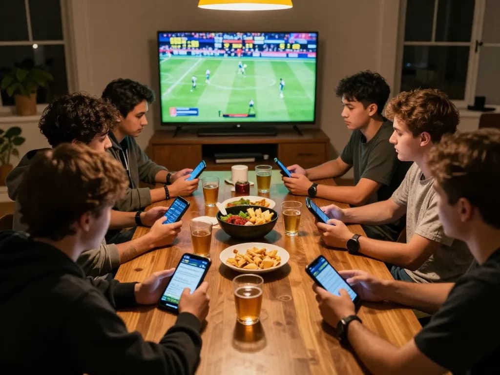 A group of friends engaged in sports betting while watching a game, showcasing the excitement and strategy of 388bet.