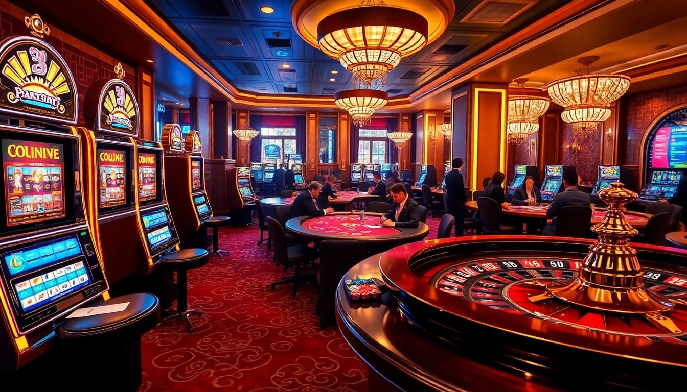 Enjoy thrilling gameplay at slot88 with a vibrant casino scene featuring engaging slot machines and polished poker tables.