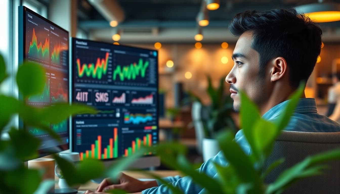 Kooralive insights in a professional digital marketing office with data analysis on screens.
