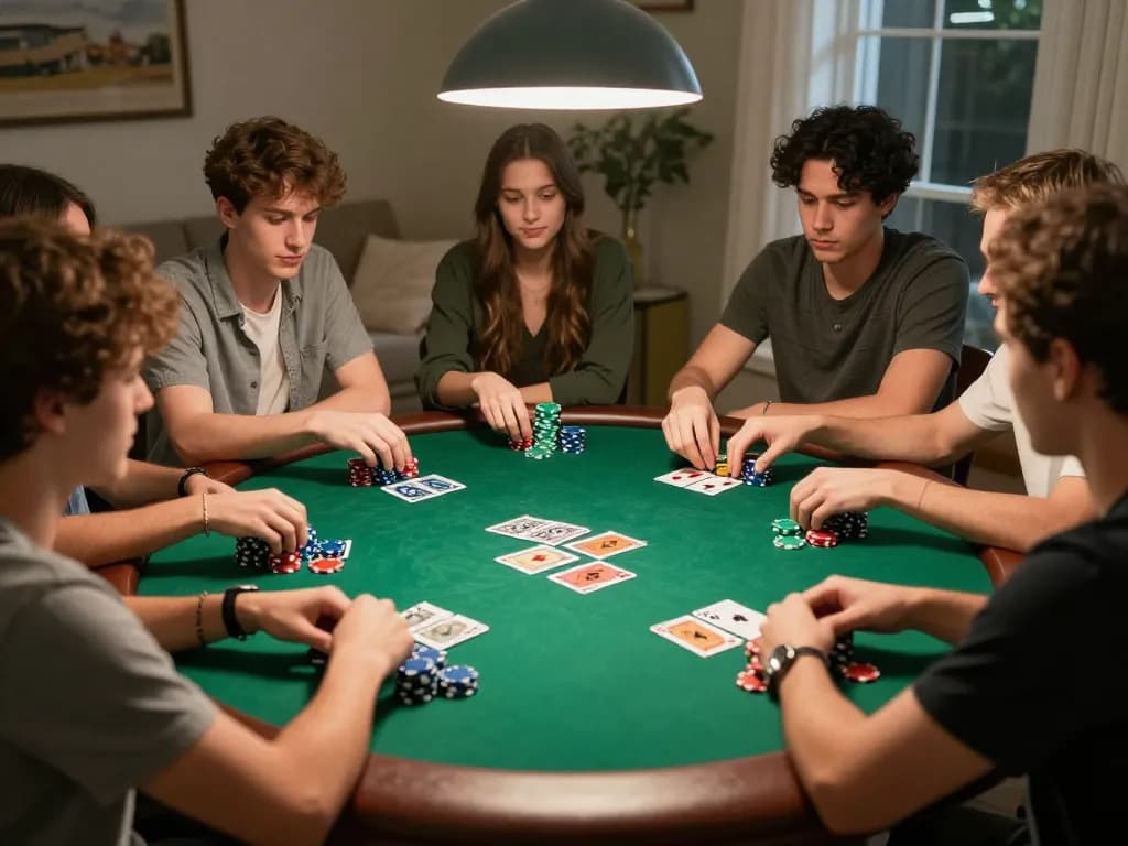 Sahabat menikmati malam poker di rumah dengan permainan yang menarik, menunjukkan strategi permainan hoki88.