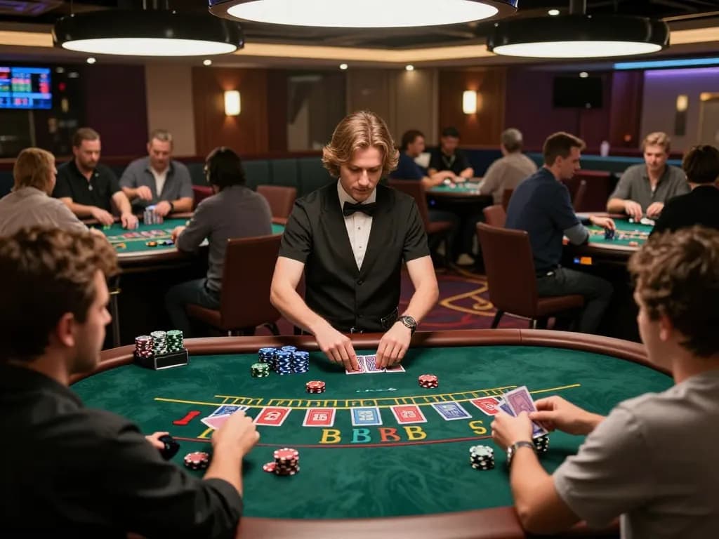 SUN WIN players strategizing at a live dealer blackjack table, vibrant casino atmosphere with colorful chips.