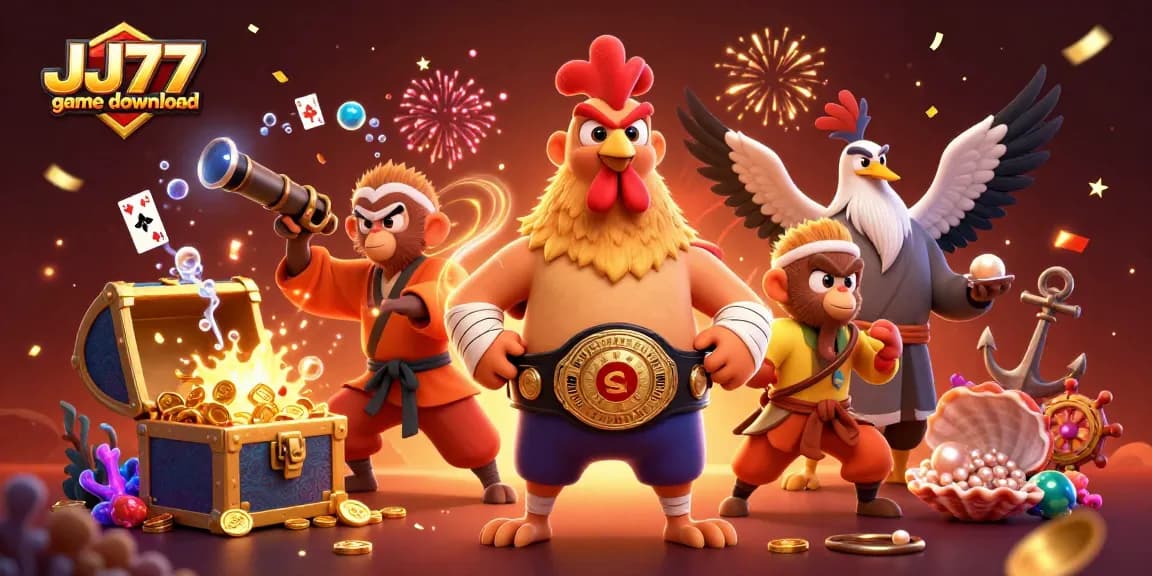 Engage with JJ77 game download, featuring a colorful scene with cartoon characters and gambling elements.