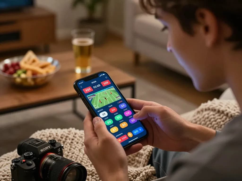 Engaged person placing live bets on Women Fleece Hoodies while monitoring real-time sports odds from smartphone.