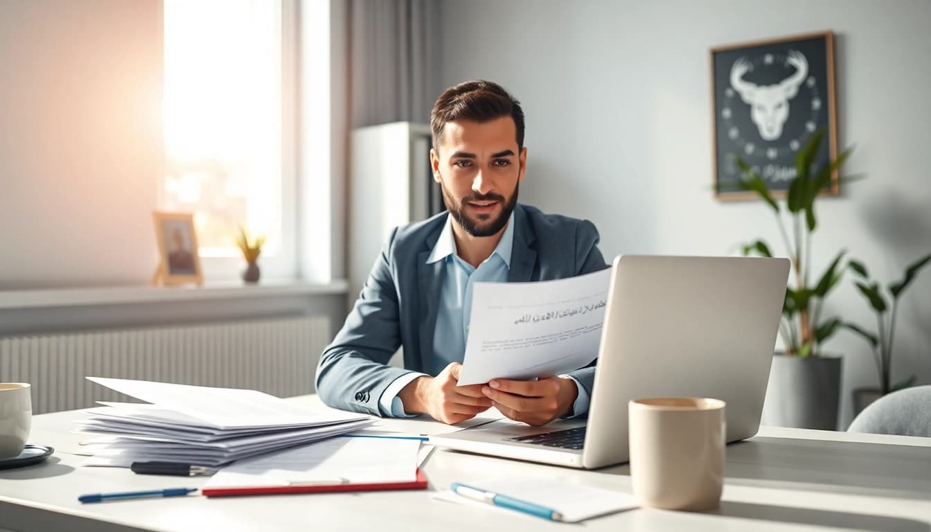 Traducteur arabe certifié travaillant dans un bureau professionnel, mettant en valeur les compétences de traducteur assermenté arabe.