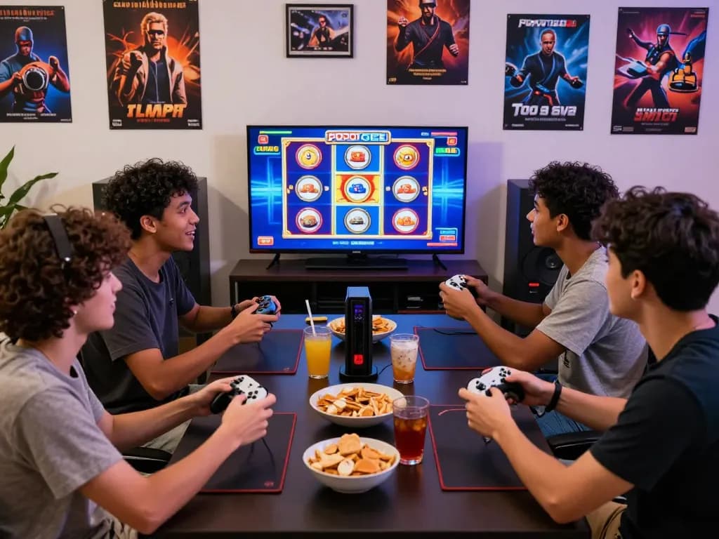 Exciting gaming moment with friends enjoying POPOTOGEL: Situs Toto Slot Gacor, vibrant atmosphere with colorful display.
