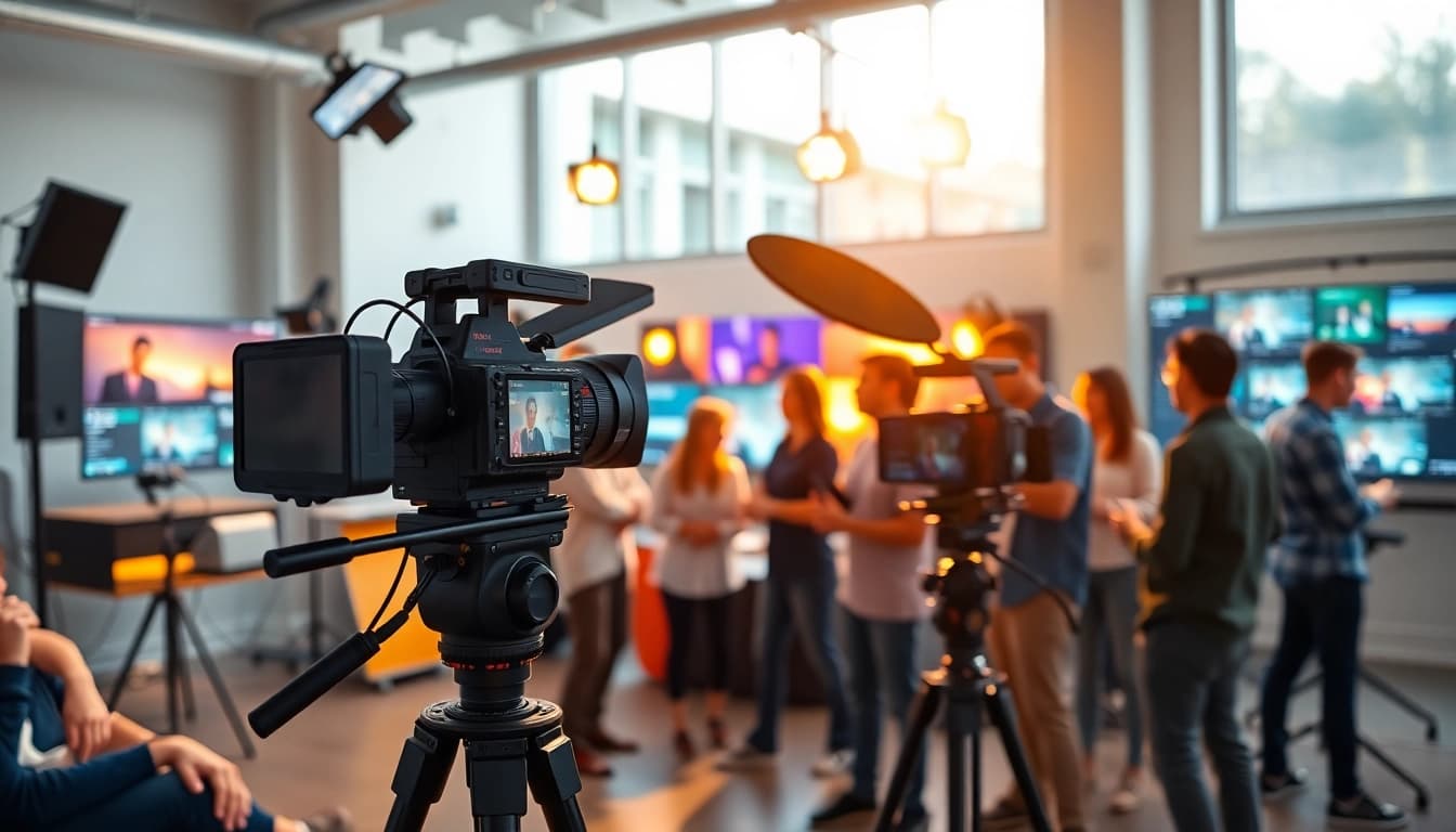 Engaging moment in Video Production showcasing a professional team collaborating in a vibrant studio.
