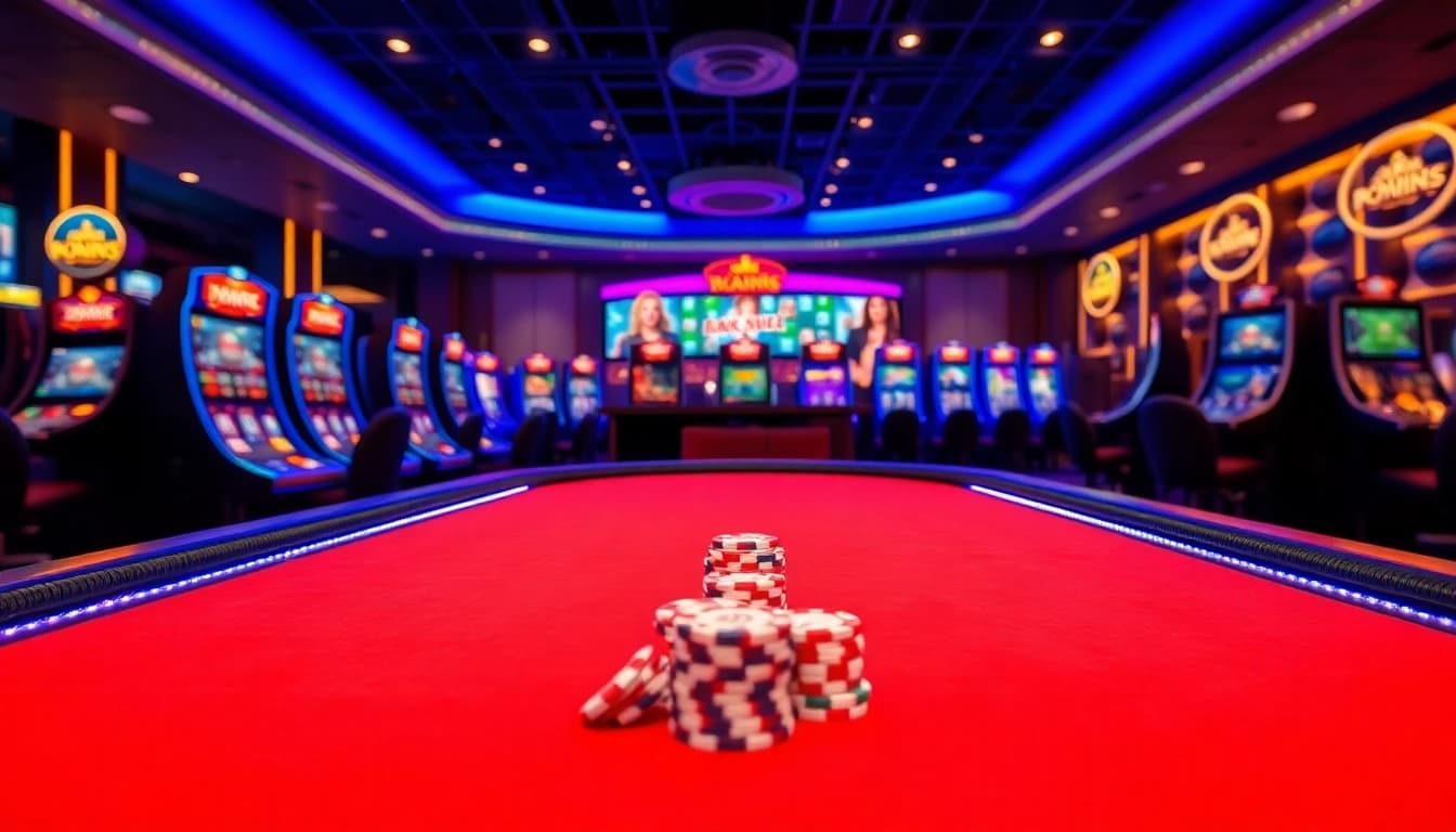 Online casino spielen in einem eleganten Casino-Setup mit Poker-Tisch und modernen Geräten.