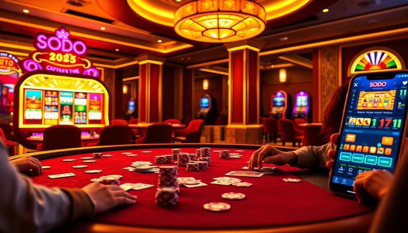 SODO Casino scene with high-stakes poker action and modern slot machines.