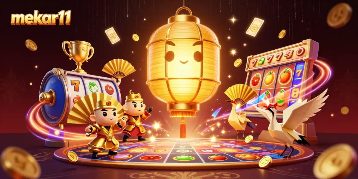Mekar11 showcases vibrant slot gaming elements with engaging casino atmosphere, highlighting jackpots and lucky symbols.