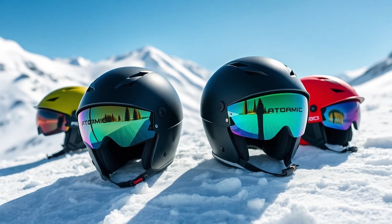 Showcasing atomic helmets amidst a stunning snowy backdrop, highlighting safety and style.