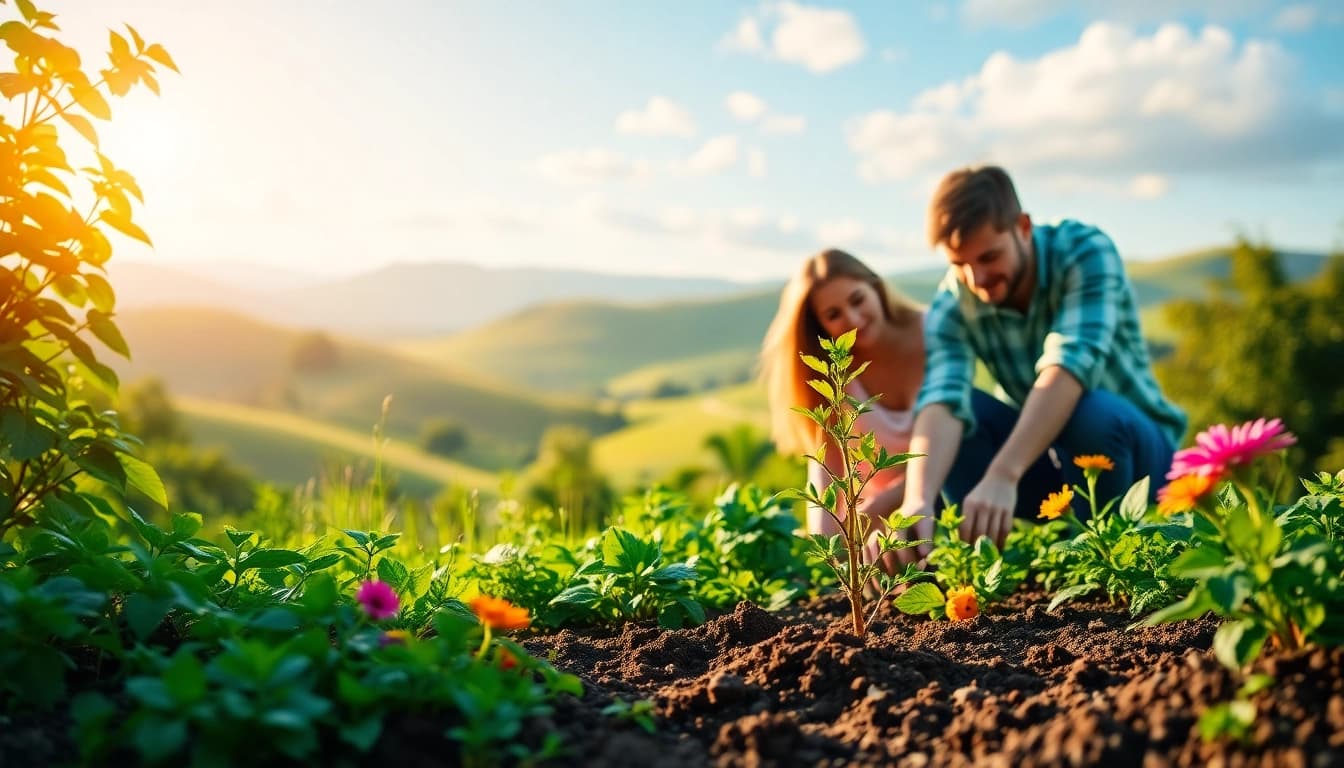 Engage with sustainability by visiting https://www.unsustainablemagazine.com, showcasing a couple planting a tree in a verdant landscape.