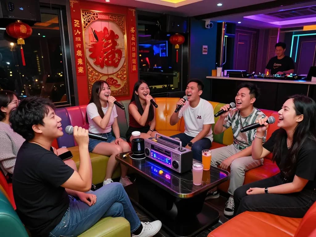 友達とホーチミンのカラオケで楽しい夜を楽しんでいる、鮮やかな色合いと活気ある雰囲気。